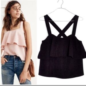 Womens TANK TOP BLACK MADEWELL TEXTURED AND TIERED RUFFLE CRISS CROSS BACK TANK